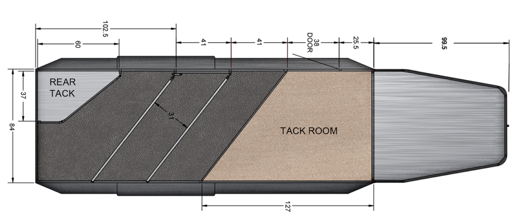 3 HORSE GOOSENECK WITH 3-FEET ADDED TO DRESSING ROOM AND FOLD UP REAR TACK